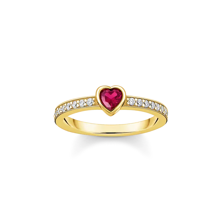 THOMAS SABO GOLD ON SILVER SOLITAIRE RING WITH RED HEART-SHAPED STONE