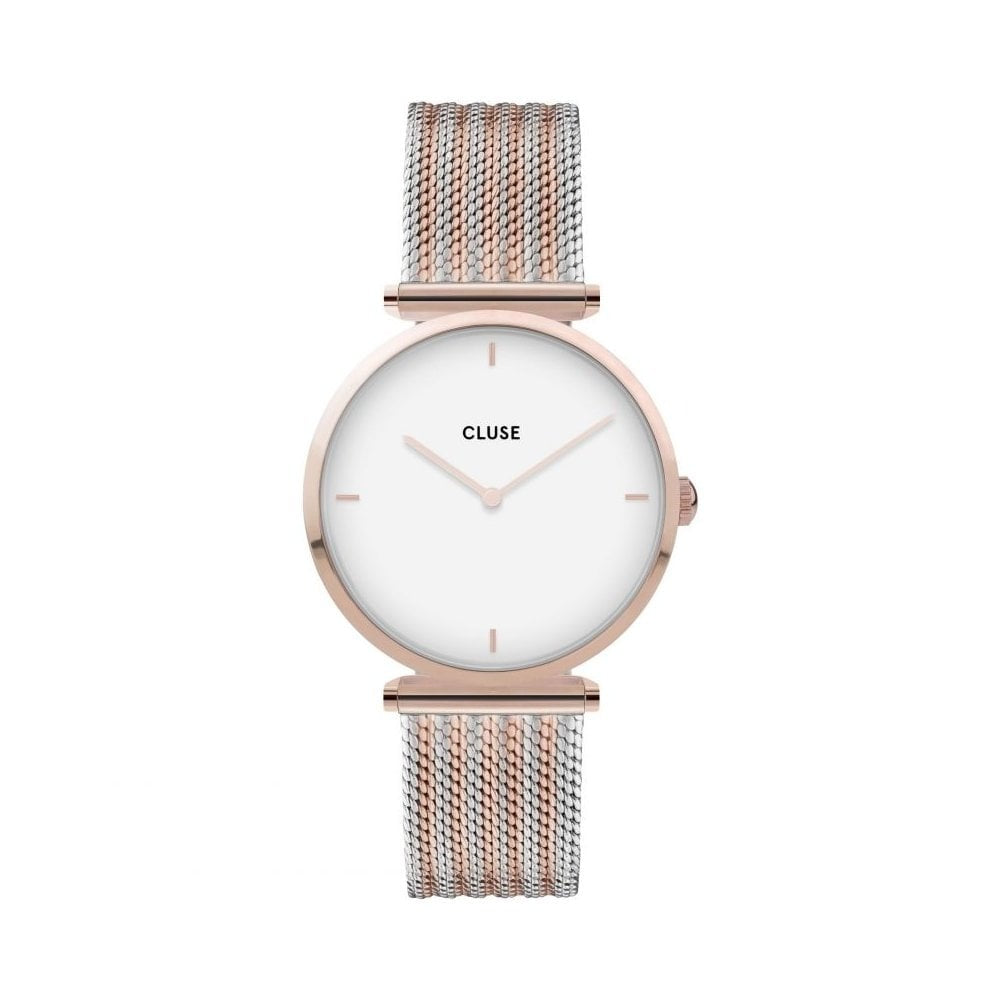 TRIOMPHE 2 TONE ROSE GOLD & STAINLESS STEEL MESH BRACELET WATCH WITH WHITE DIAL