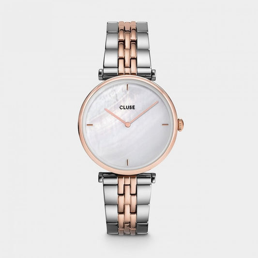 TRIOMPHE LADIES 2 TONE ROSE GOLD STAINLESS STEEL T BAR BRACELET WATCH WITH WHITE PEARLY DIAL