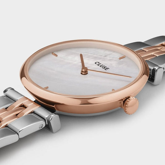 TRIOMPHE LADIES 2 TONE ROSE GOLD STAINLESS STEEL T BAR BRACELET WATCH WITH WHITE PEARLY DIAL