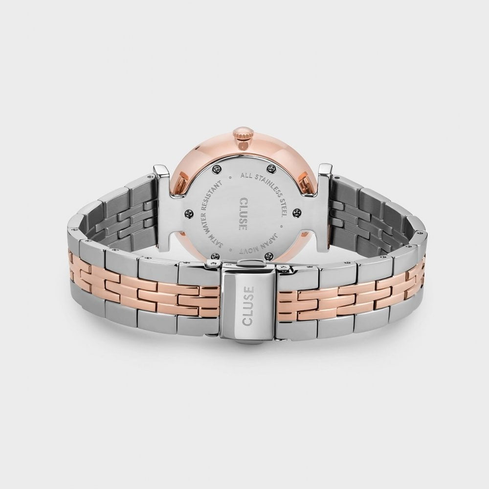 TRIOMPHE LADIES 2 TONE ROSE GOLD STAINLESS STEEL T BAR BRACELET WATCH WITH WHITE PEARLY DIAL