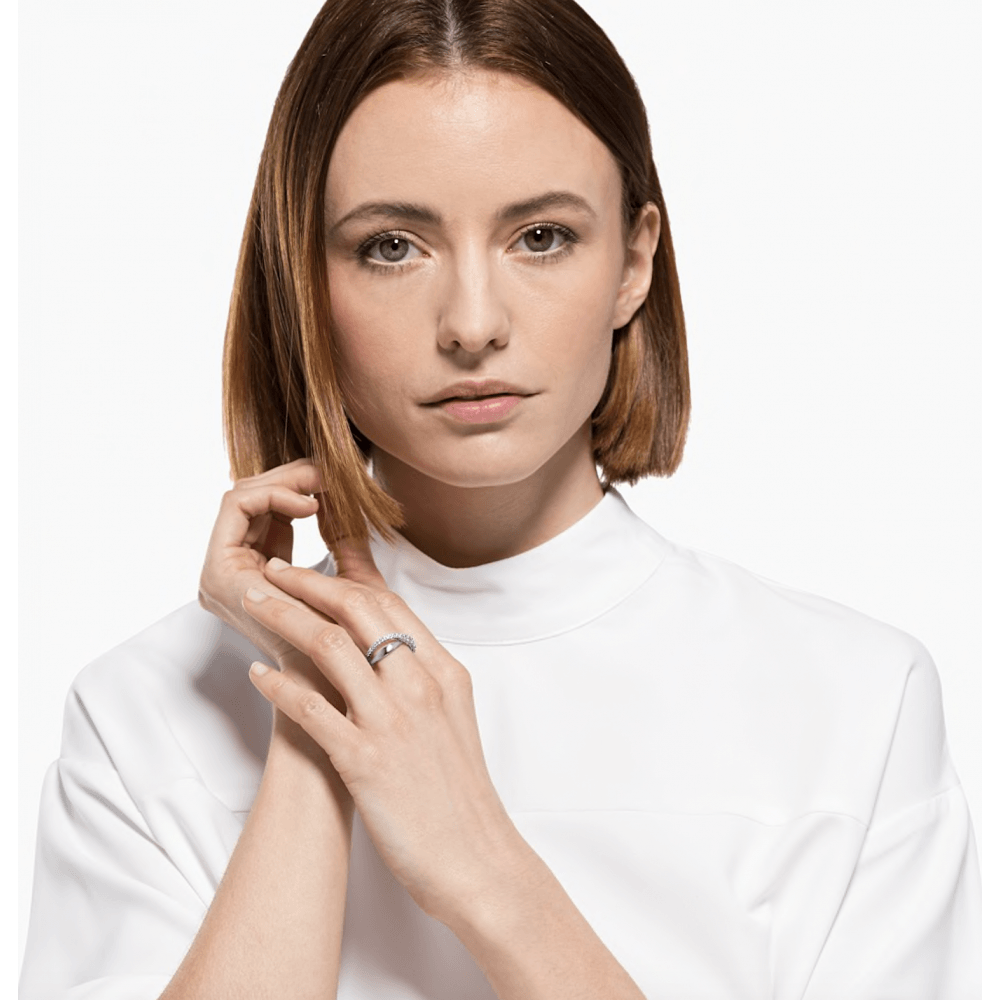 TWIST ROWS RING, WHITE SWAROVSKI CRYSTALS, RHODIUM PLATED