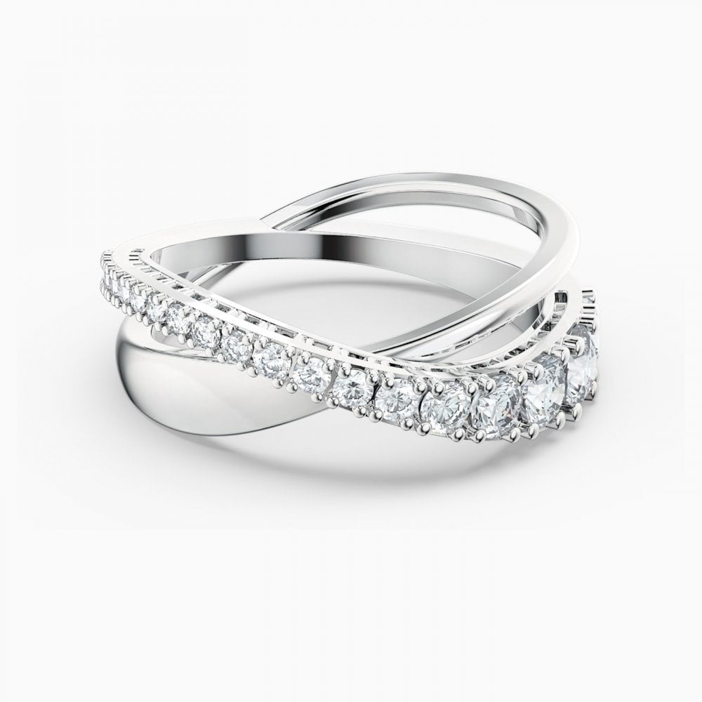 TWIST ROWS RING, WHITE SWAROVSKI CRYSTALS, RHODIUM PLATED