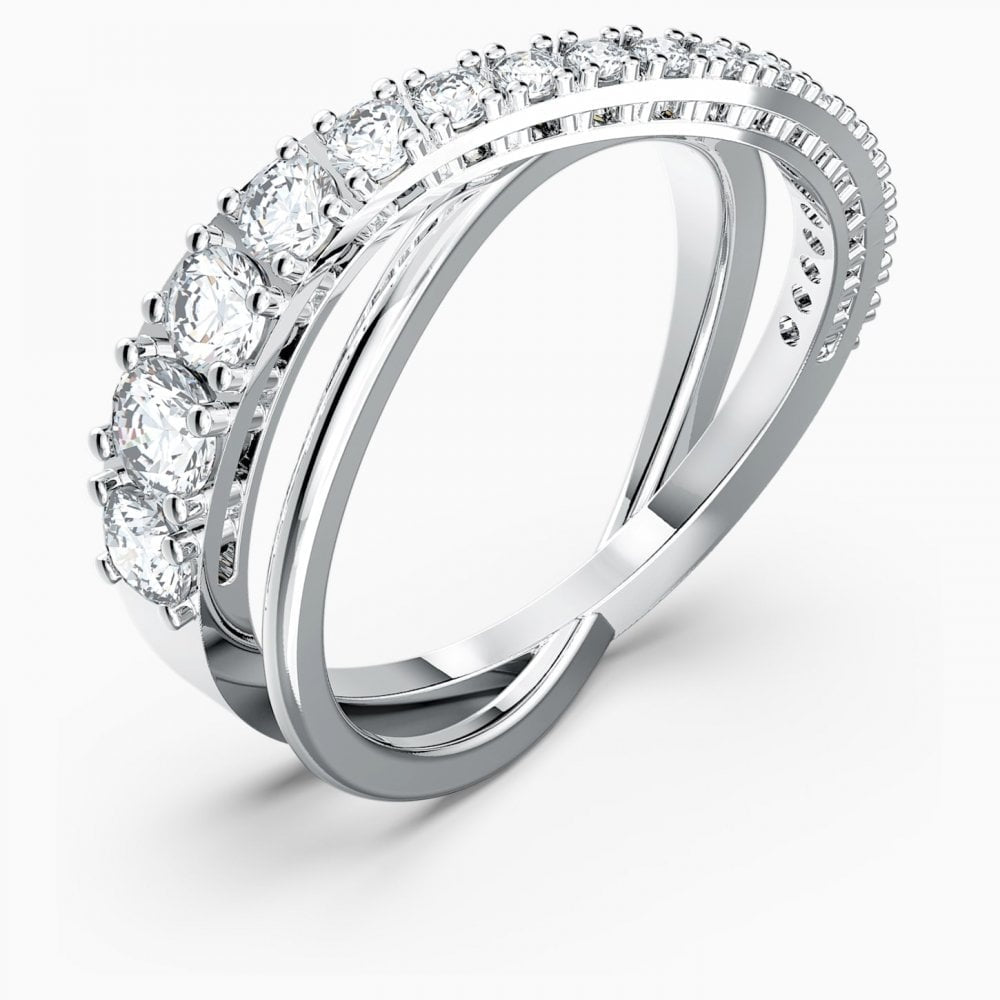 TWIST ROWS RING, WHITE SWAROVSKI CRYSTALS, RHODIUM PLATED