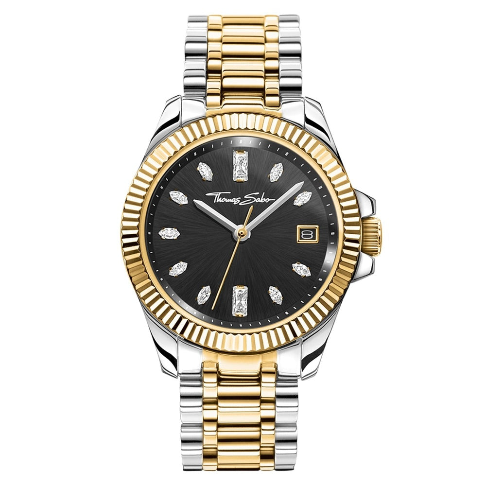 TWO TONE GOLD & STAINLESS STEEL BRACELET WATCH WITH BLACK EMBELLISHED DIAL