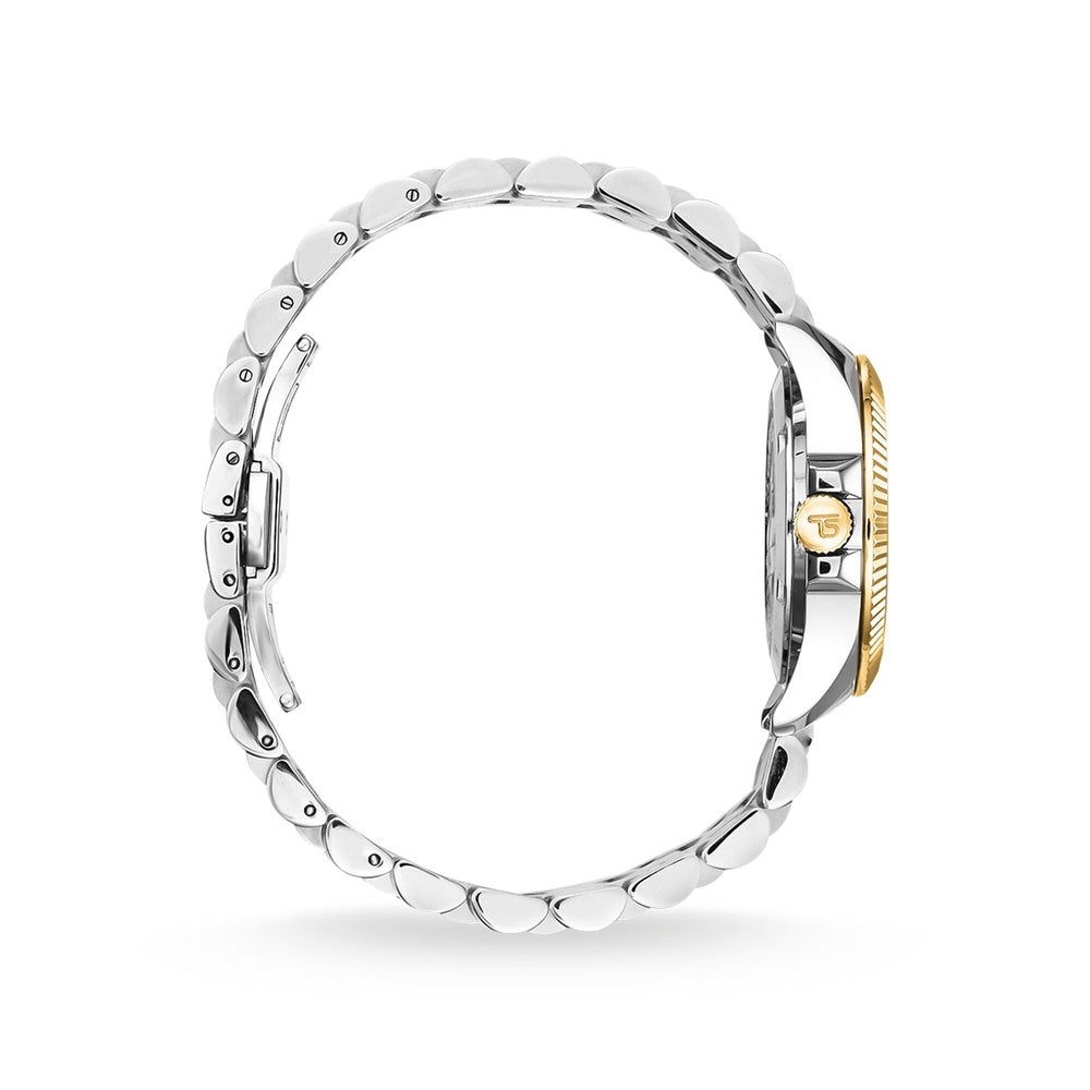 TWO TONE GOLD & STAINLESS STEEL BRACELET WATCH WITH BLACK EMBELLISHED DIAL