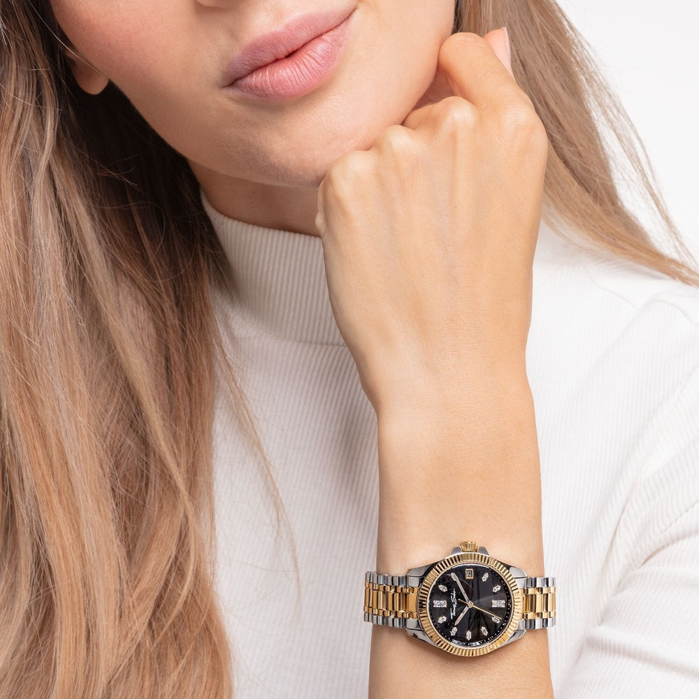 TWO TONE GOLD & STAINLESS STEEL BRACELET WATCH WITH BLACK EMBELLISHED DIAL