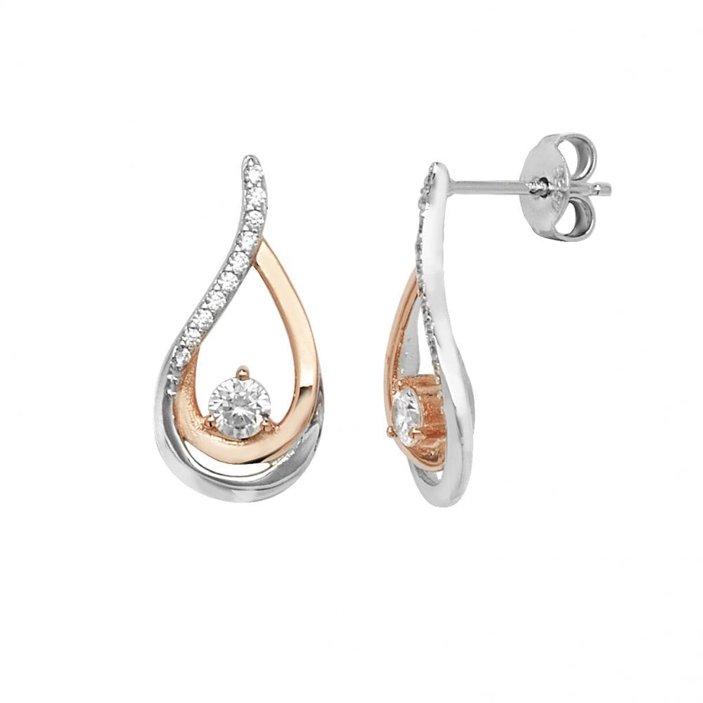 TWO TONE ROSE GOLD & SILVER CUBIC ZIRCONIA TEAR SHAPED DROP EARRINGS