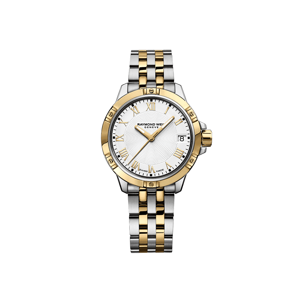 Tango Classic Ladies Quartz Two-Tone Gold Steel Bracelet Watch, 30mm stainless steel bracelet, white dial, Roman numerals, yellow gold PVD