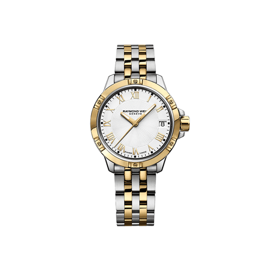 Tango Classic Ladies Quartz Two-Tone Gold Steel Bracelet Watch, 30mm stainless steel bracelet, white dial, Roman numerals, yellow gold PVD