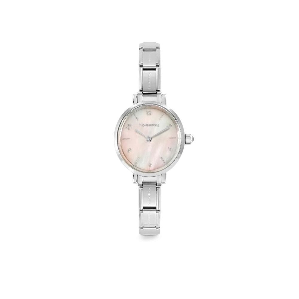 Time, Oval Pink Mother of Pearl Dial Stainless Steel Watch