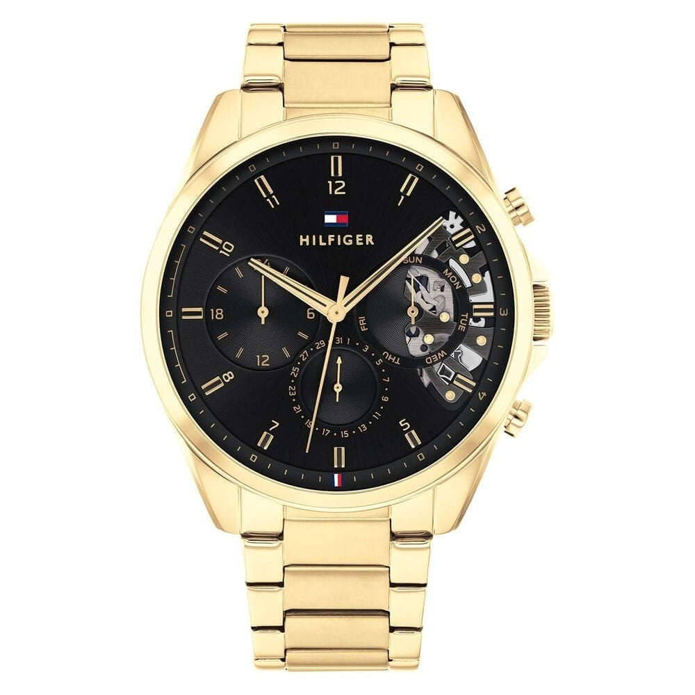 Tommy Hilfiger Baker Mens Gold Plated Case And Bracelet Black Skeleton Dial Watch 