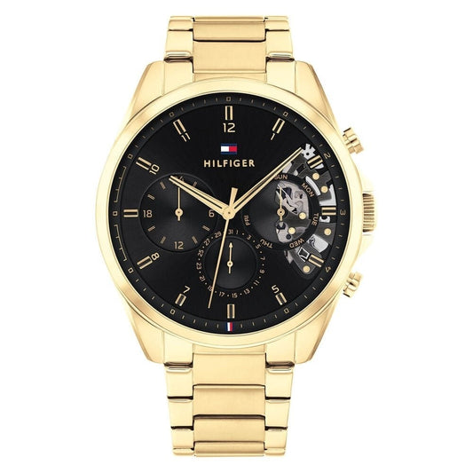 Tommy Hilfiger Baker Mens Gold Plated Case And Bracelet Black Skeleton Dial Watch 