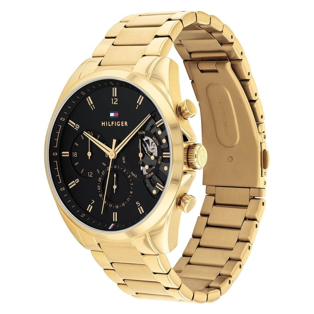 Tommy Hilfiger Baker Mens Gold Plated Case And Bracelet Black Skeleton Dial Watch 