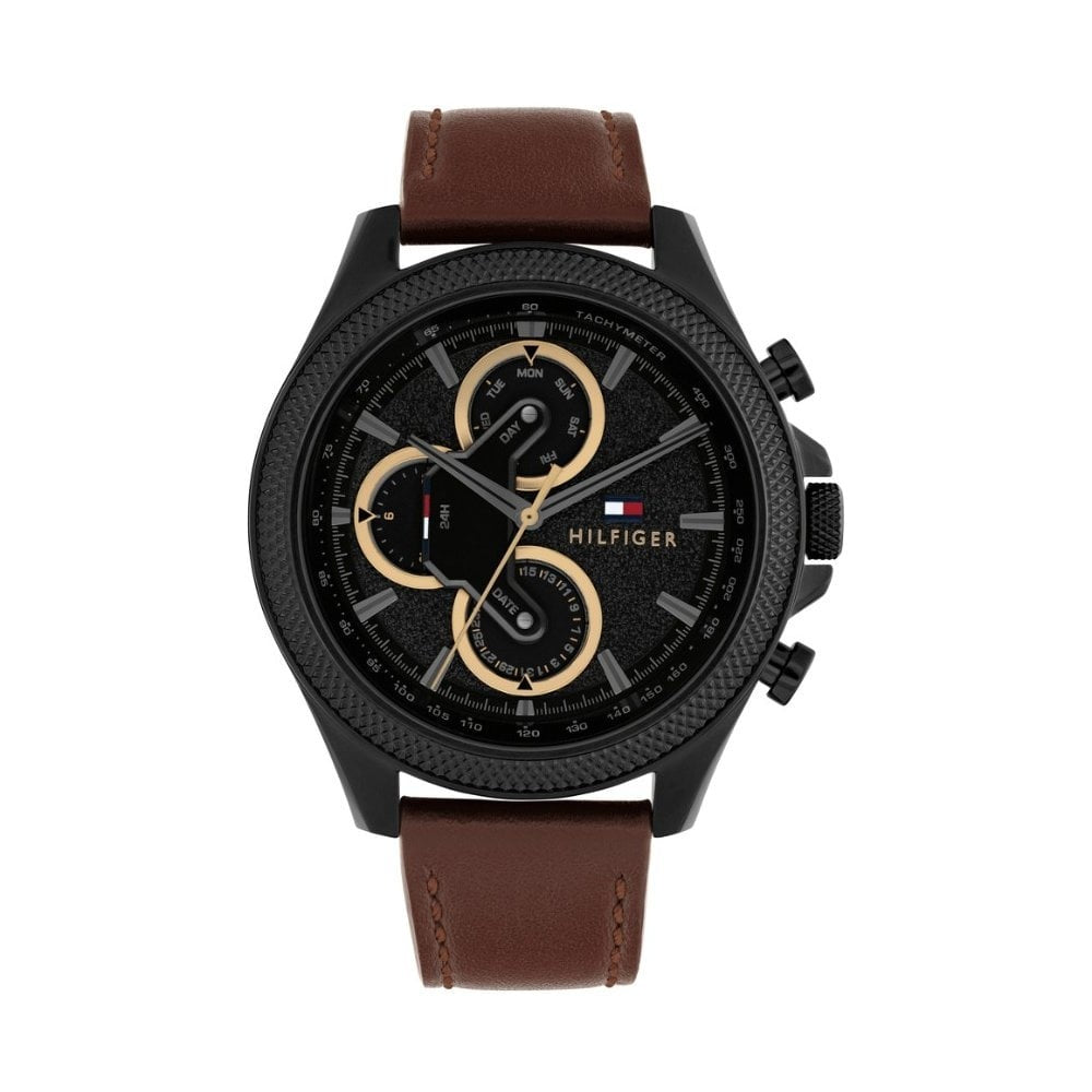 Tommy Hilfiger Brown Leather, Chronograph, Black Dial Gents Watch