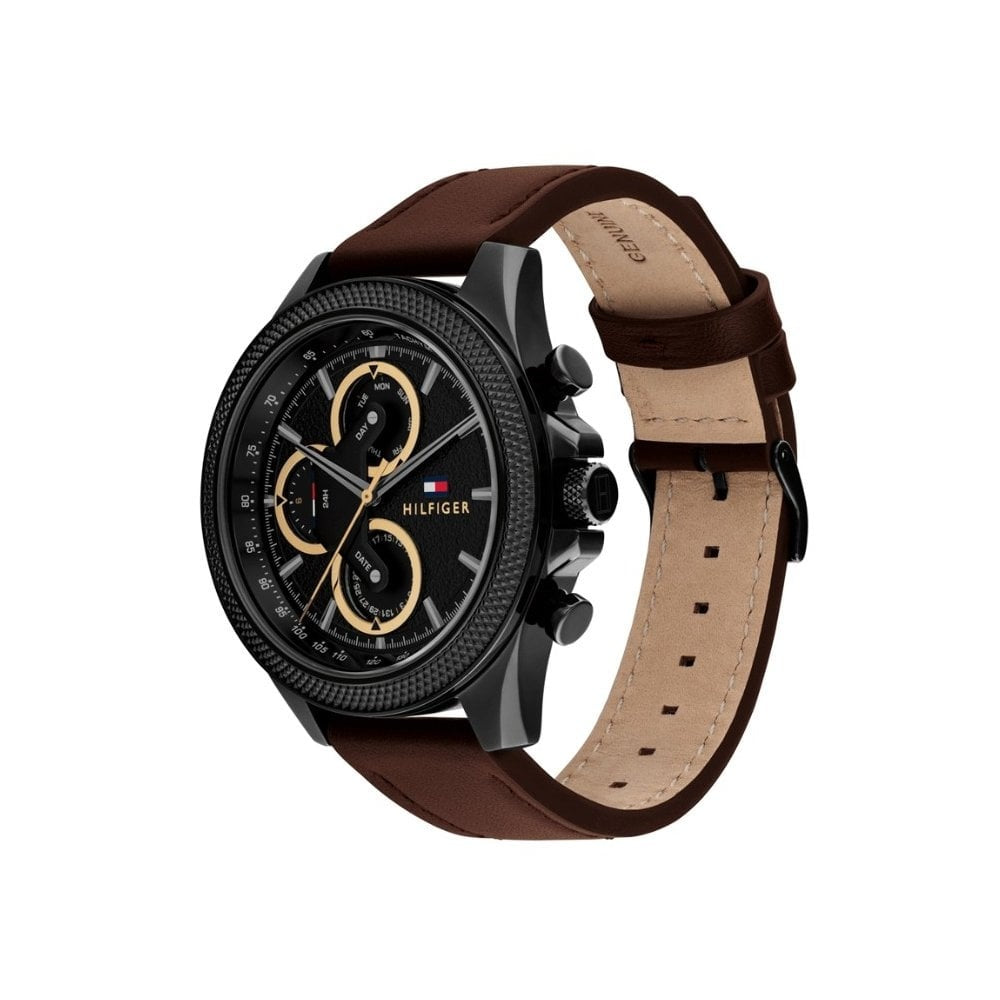 Tommy Hilfiger Brown Leather, Chronograph, Black Dial Gents Watch