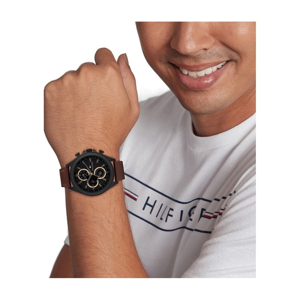 Tommy Hilfiger Brown Leather, Chronograph, Black Dial Gents Watch