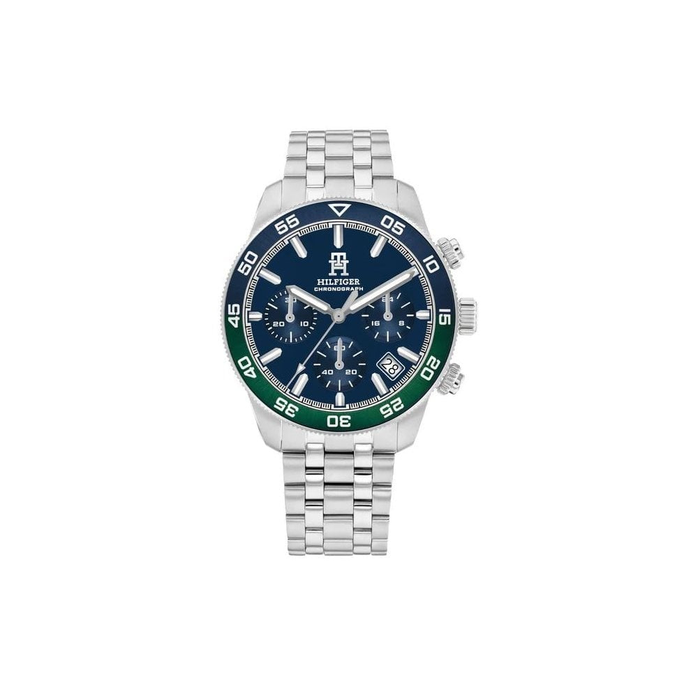 Tommy Hilfiger Chronograph, Blue & Green Bezel Gents Stainless Steel Watch