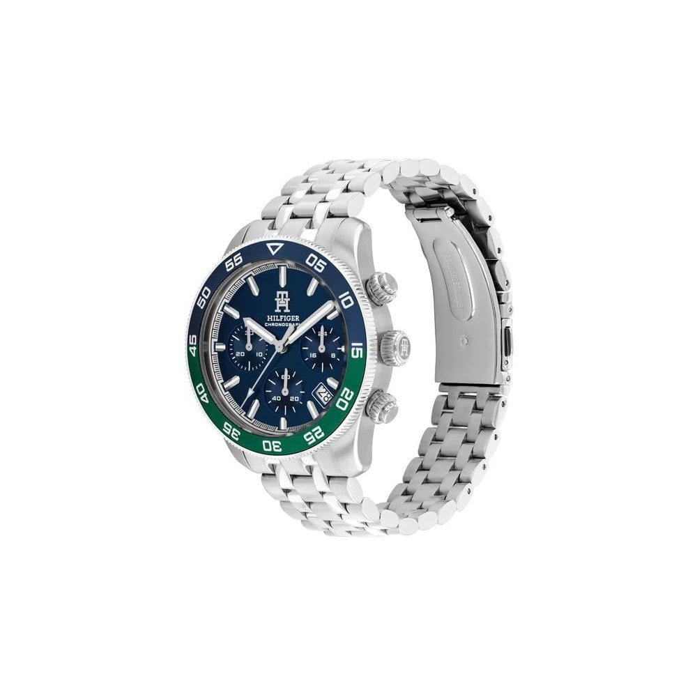 Tommy Hilfiger Chronograph, Blue & Green Bezel Gents Stainless Steel Watch