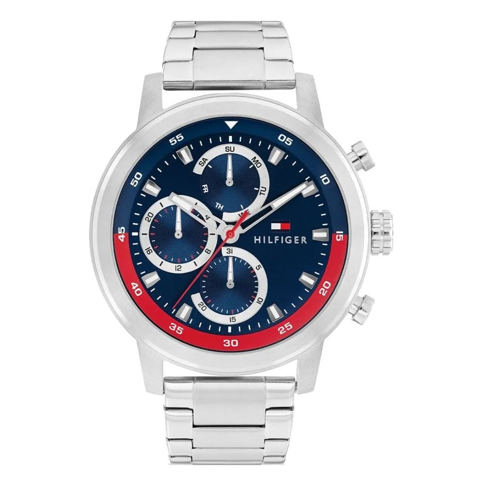 Tommy Hilfiger Chronograph, Blue & Red Dial Gents Stainless Steel Watch