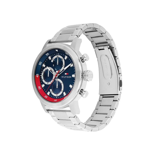 Tommy Hilfiger Chronograph, Blue & Red Dial Gents Stainless Steel Watch