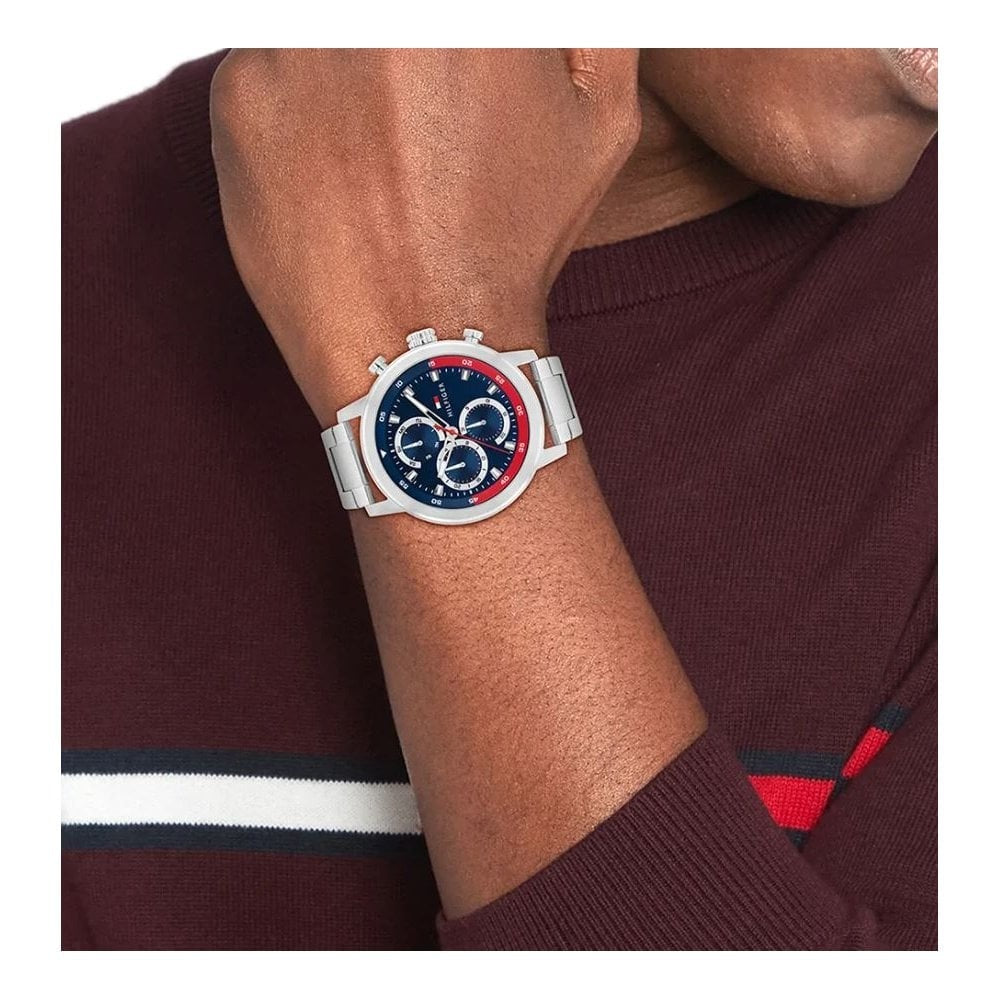 Tommy Hilfiger Chronograph, Blue & Red Dial Gents Stainless Steel Watch