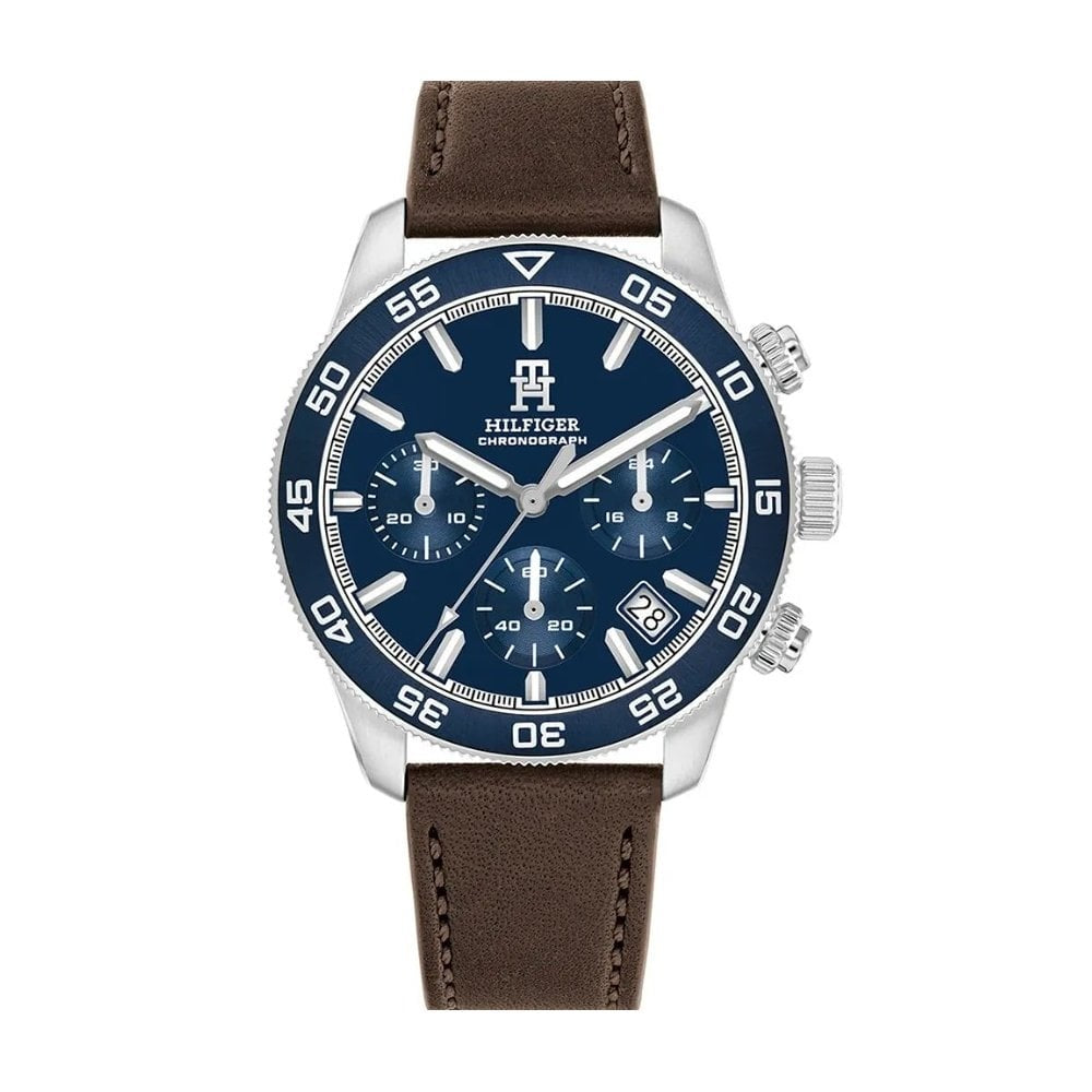 Tommy Hilfiger Gents Navy Dial, Chronograph, Brown Leather Stainless Steel Watch