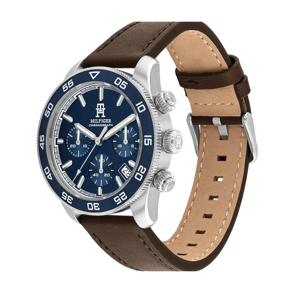 Tommy Hilfiger Gents Navy Dial, Chronograph, Brown Leather Stainless Steel Watch