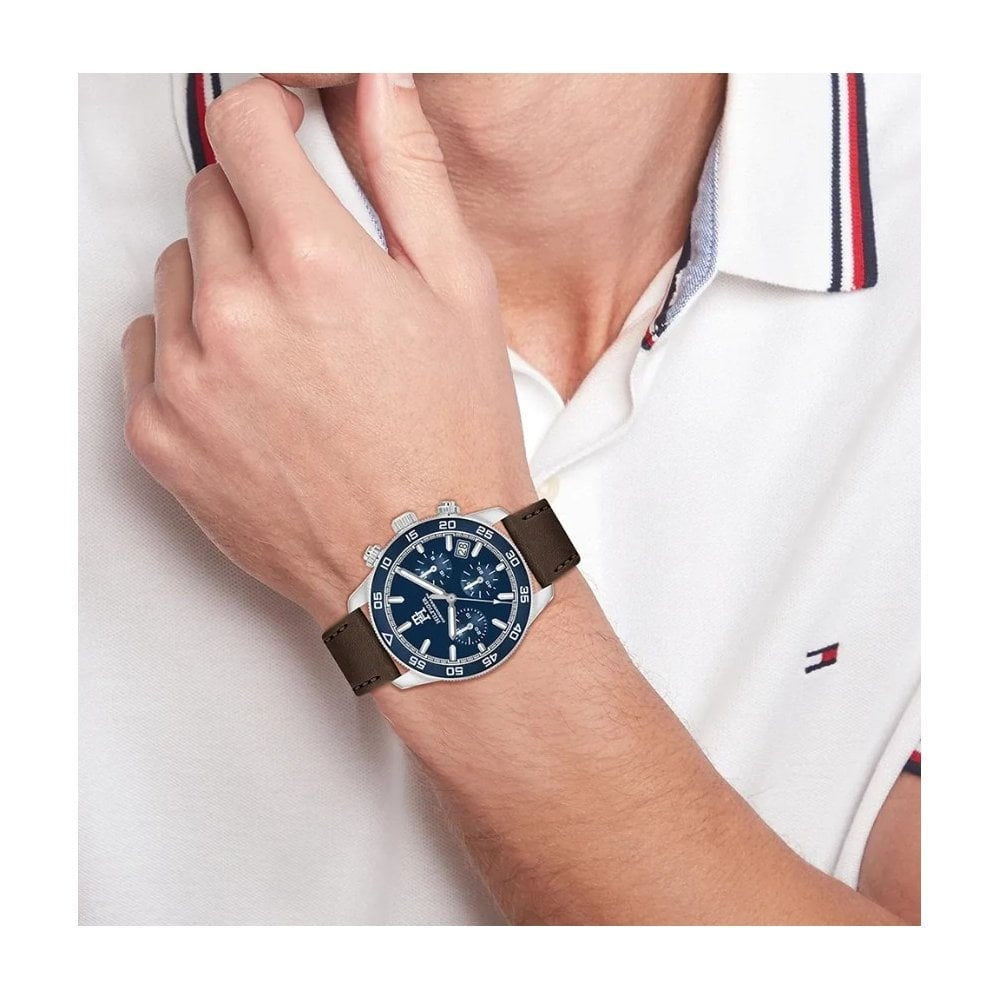 Tommy Hilfiger Gents Navy Dial, Chronograph, Brown Leather Stainless Steel Watch