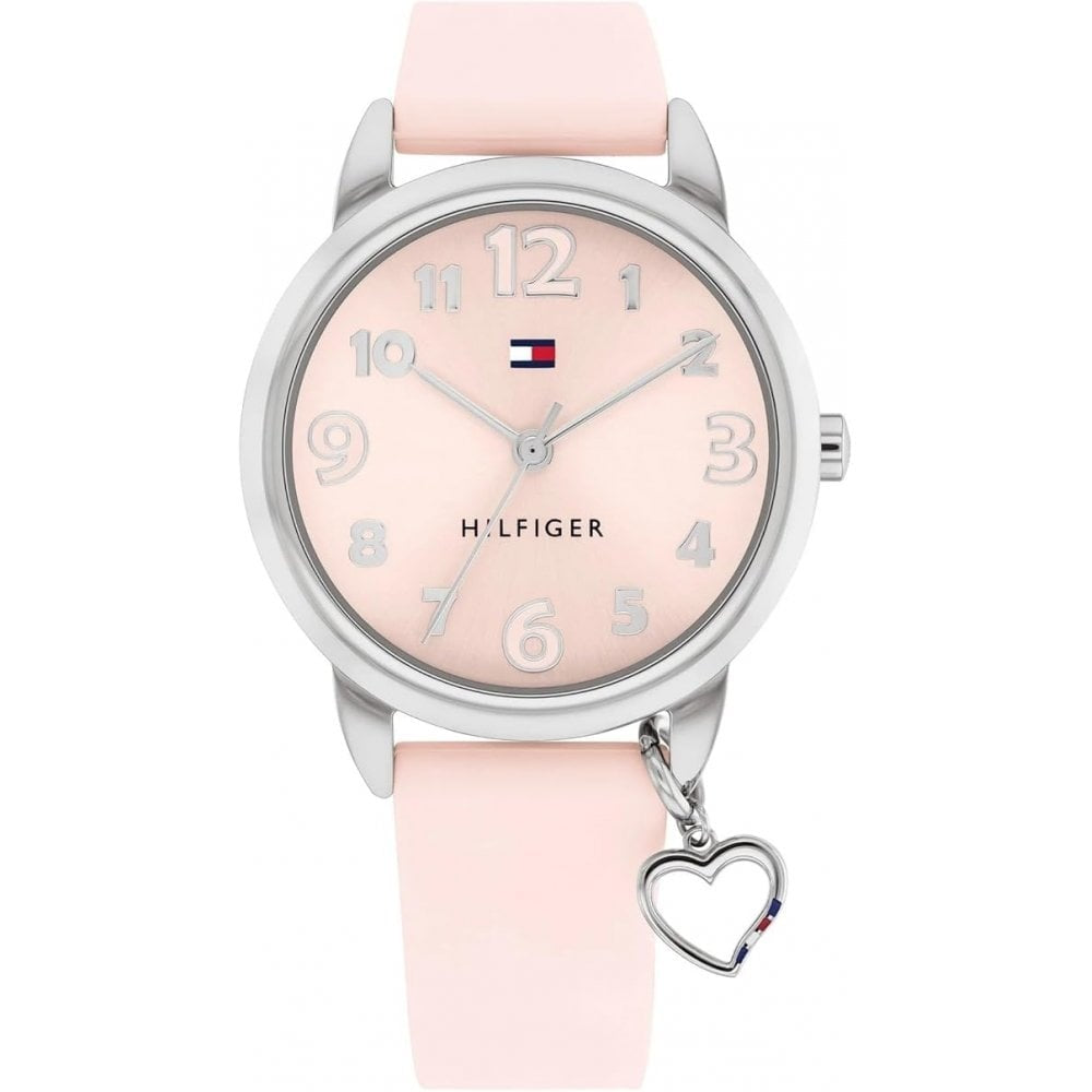 Tommy Hilfiger Kids Steel Case Pink Silicon Strap Heart Charm Watch 
