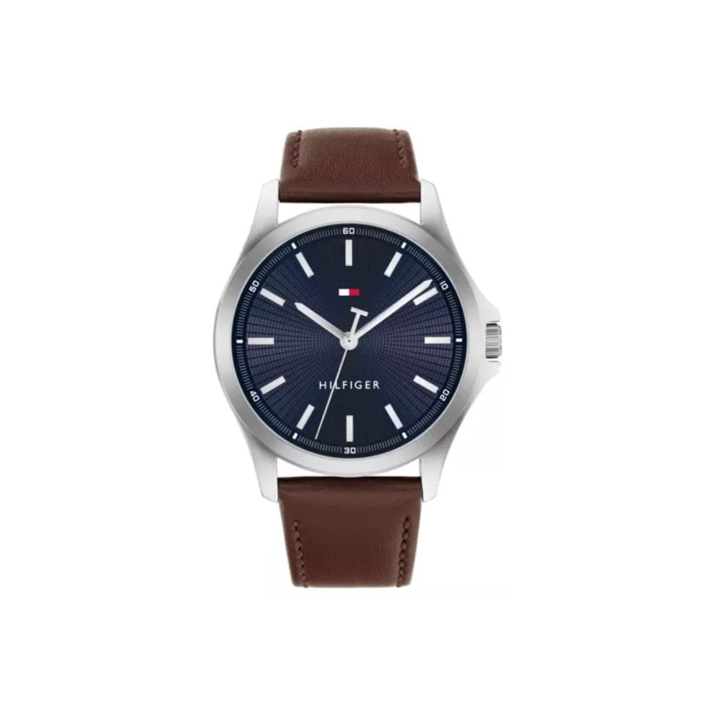 Tommy Hilfiger Men's Bruce Brown Leather, Navy Dial Stainless Steel Watch