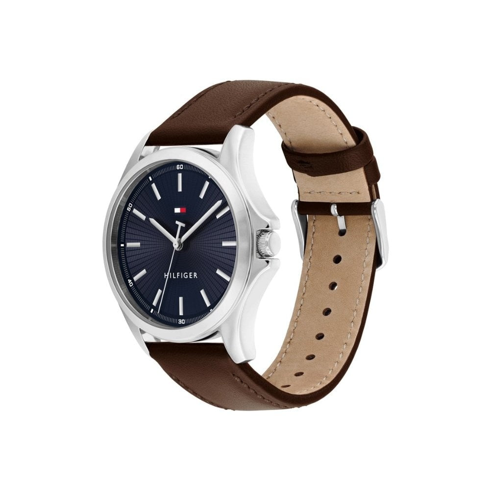 Tommy Hilfiger Men's Bruce Brown Leather, Navy Dial Stainless Steel Watch