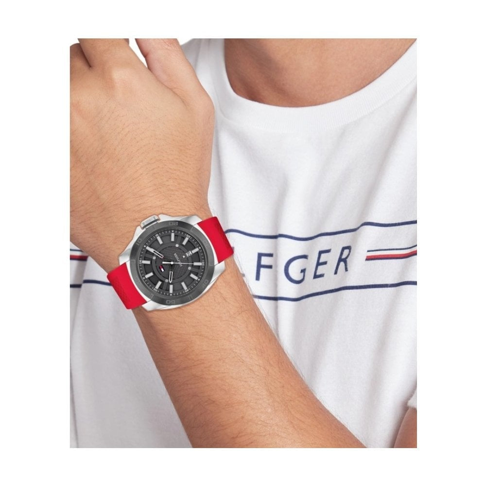 Tommy Hilfiger Men's Windsurf, Grey Dial, Red Silicone Watch