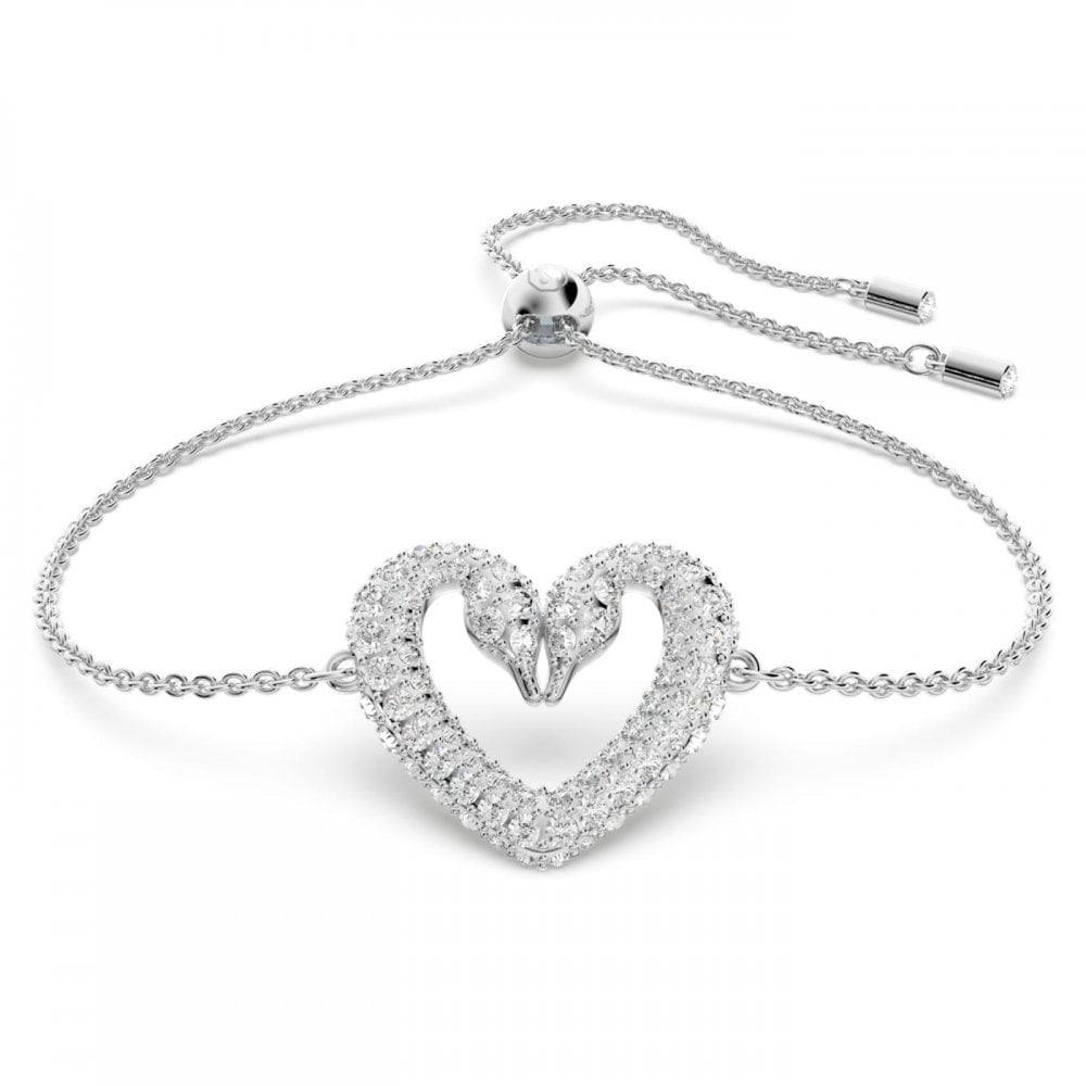 UNA DOUBLE SWAN HEART ADJUSTABLE BRACELET WITH CLEAR CRYSTALS