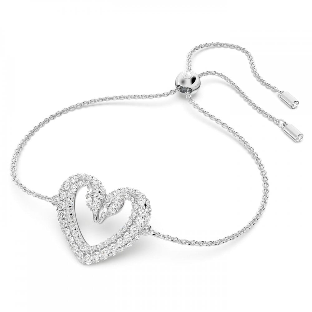 UNA DOUBLE SWAN HEART ADJUSTABLE BRACELET WITH CLEAR CRYSTALS
