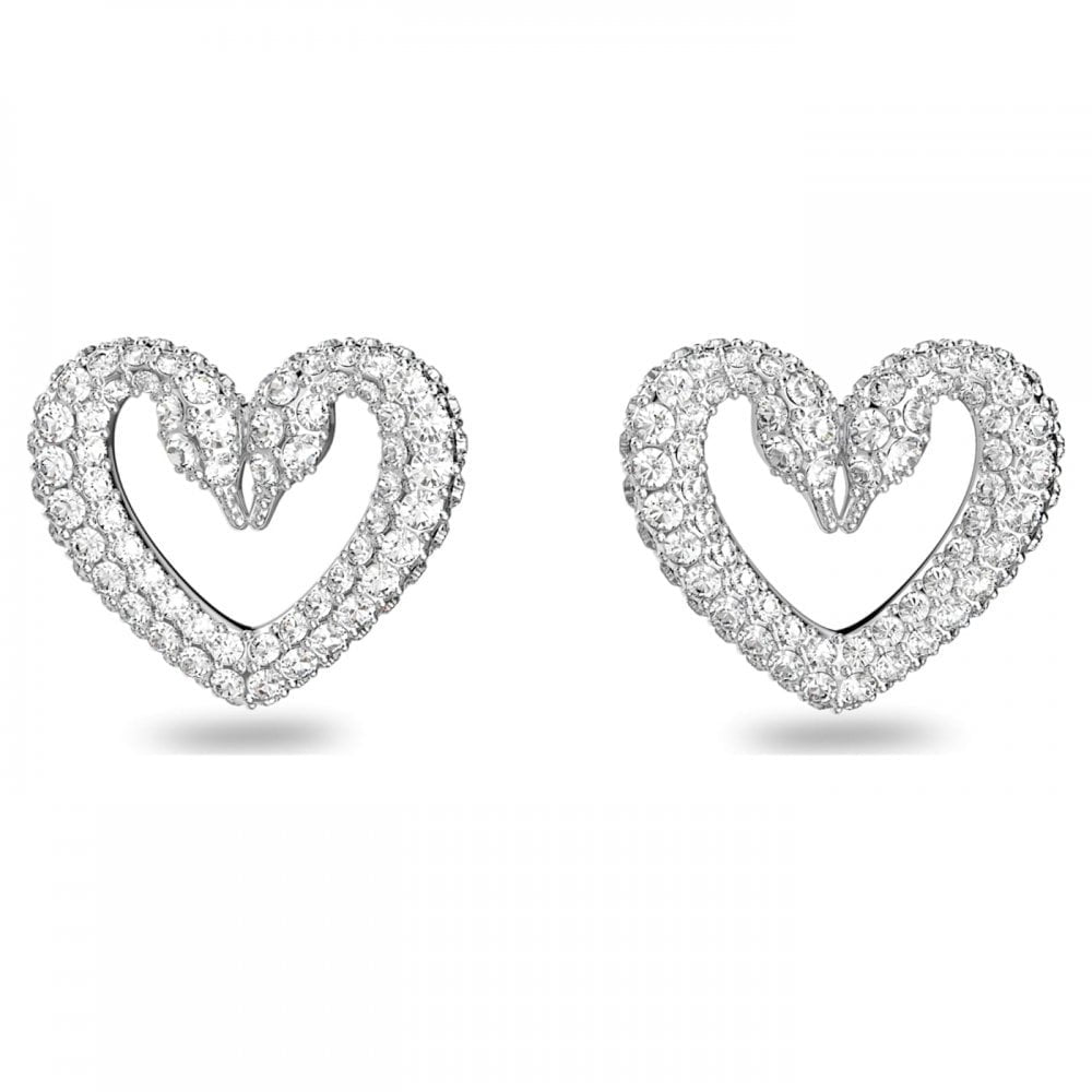 UNA SILVER COLOUR DOUBLE SWAN LARGE HEART STUD EARRINGS WITH CLEAR CRYSTALS