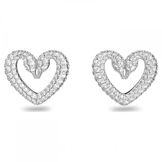 UNA SILVER COLOUR DOUBLE SWAN LARGE HEART STUD EARRINGS WITH CLEAR CRYSTALS