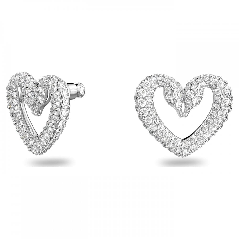 UNA SILVER COLOUR DOUBLE SWAN LARGE HEART STUD EARRINGS WITH CLEAR CRYSTALS