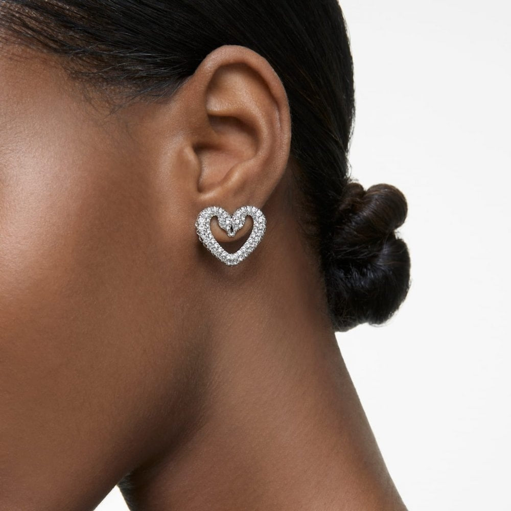 UNA SILVER COLOUR DOUBLE SWAN LARGE HEART STUD EARRINGS WITH CLEAR CRYSTALS