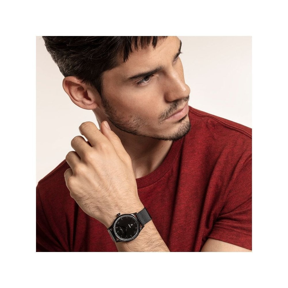 UNISEX "CODE TS" RECTRO BLACK WATCH, BLACK STAINLESS STEEL MESH BRACELET, CASE & DIAL, FLAT CASE & SLENDER BRACELET