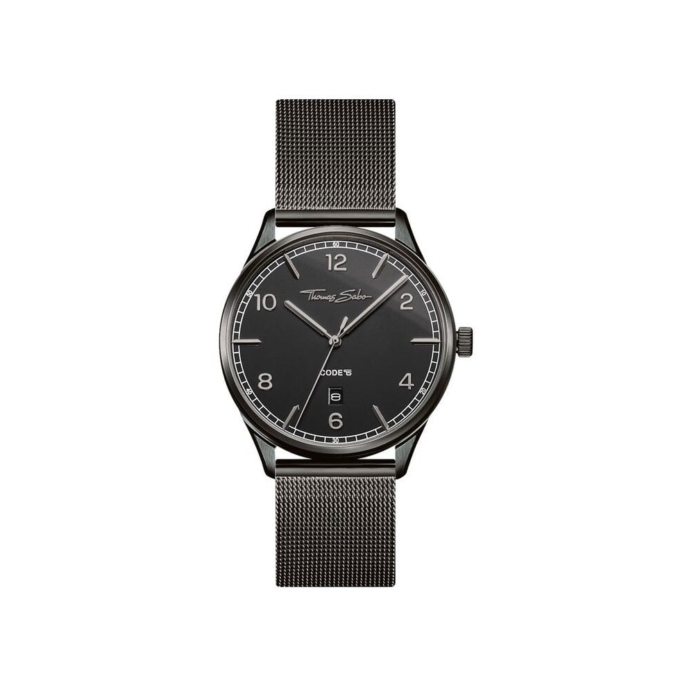 UNISEX "CODE TS" RECTRO BLACK WATCH, BLACK STAINLESS STEEL MESH BRACELET, CASE & DIAL, FLAT CASE & SLENDER BRACELET