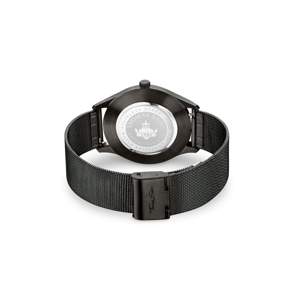 UNISEX "CODE TS" RECTRO BLACK WATCH, BLACK STAINLESS STEEL MESH BRACELET, CASE & DIAL, FLAT CASE & SLENDER BRACELET