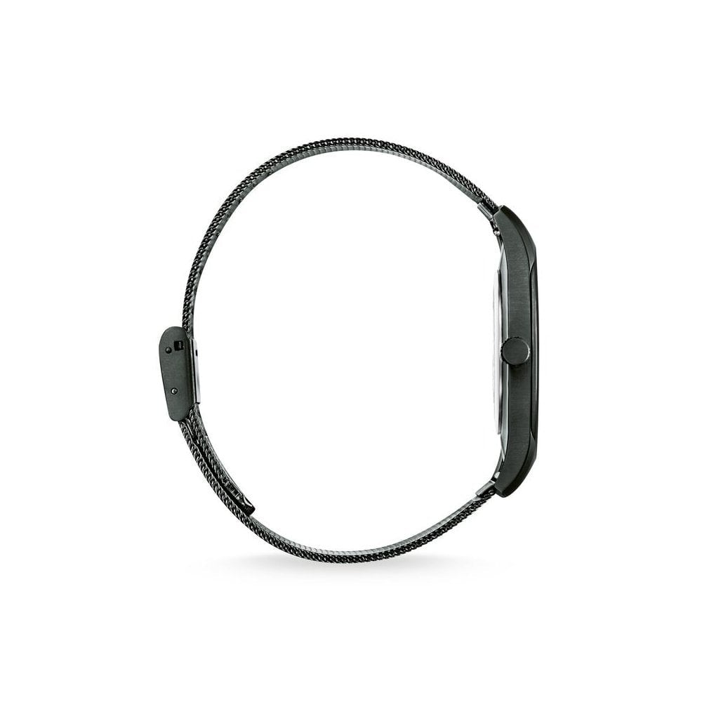 UNISEX "CODE TS" RECTRO BLACK WATCH, BLACK STAINLESS STEEL MESH BRACELET, CASE & DIAL, FLAT CASE & SLENDER BRACELET