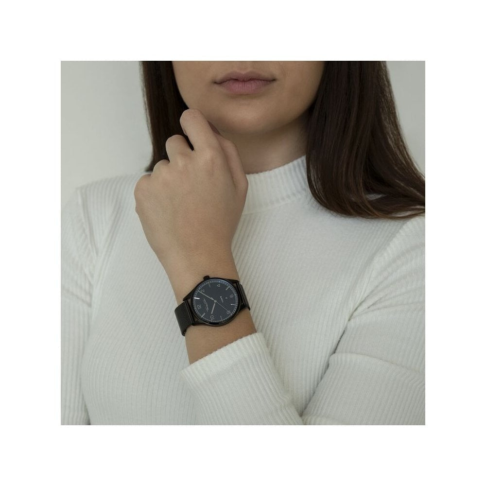 UNISEX "CODE TS" RECTRO BLACK WATCH, BLACK STAINLESS STEEL MESH BRACELET, CASE & DIAL, FLAT CASE & SLENDER BRACELET