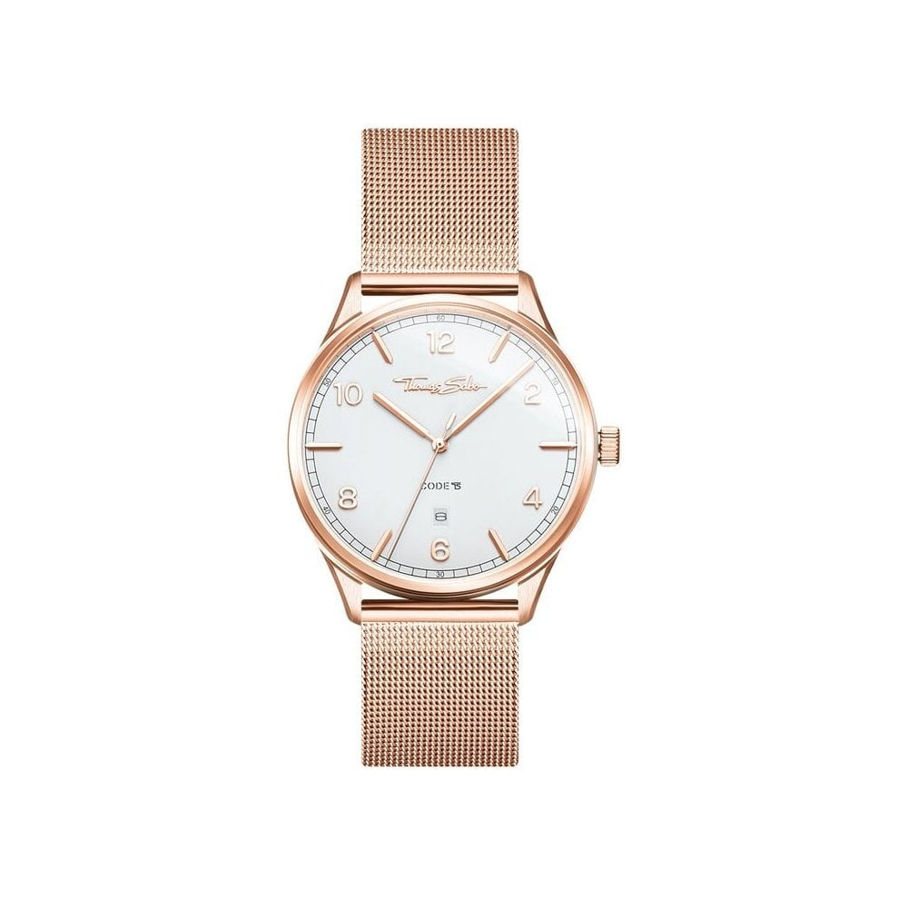 UNISEX "CODE TS" RECTRO ROSE GOLD WATCH, ROSE GOLD COLOURED MESH BRACELET & CASE, WHITE DIAL WITH ROSE GOLD INDICES, FLAT CASE & SLENDER BRACELET