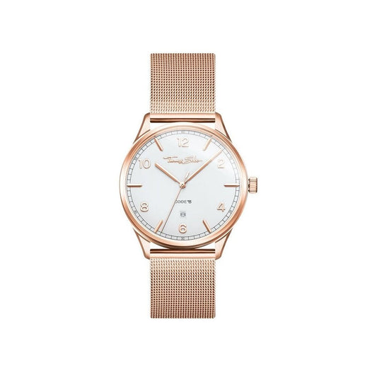 UNISEX "CODE TS" RECTRO ROSE GOLD WATCH, ROSE GOLD COLOURED MESH BRACELET & CASE, WHITE DIAL WITH ROSE GOLD INDICES, FLAT CASE & SLENDER BRACELET
