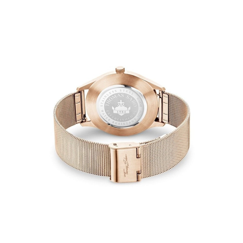 UNISEX "CODE TS" RECTRO ROSE GOLD WATCH, ROSE GOLD COLOURED MESH BRACELET & CASE, WHITE DIAL WITH ROSE GOLD INDICES, FLAT CASE & SLENDER BRACELET