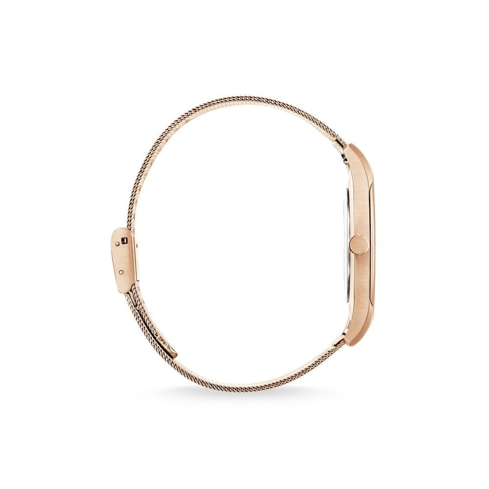 UNISEX "CODE TS" RECTRO ROSE GOLD WATCH, ROSE GOLD COLOURED MESH BRACELET & CASE, WHITE DIAL WITH ROSE GOLD INDICES, FLAT CASE & SLENDER BRACELET