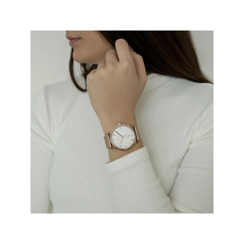 UNISEX "CODE TS" RECTRO ROSE GOLD WATCH, ROSE GOLD COLOURED MESH BRACELET & CASE, WHITE DIAL WITH ROSE GOLD INDICES, FLAT CASE & SLENDER BRACELET