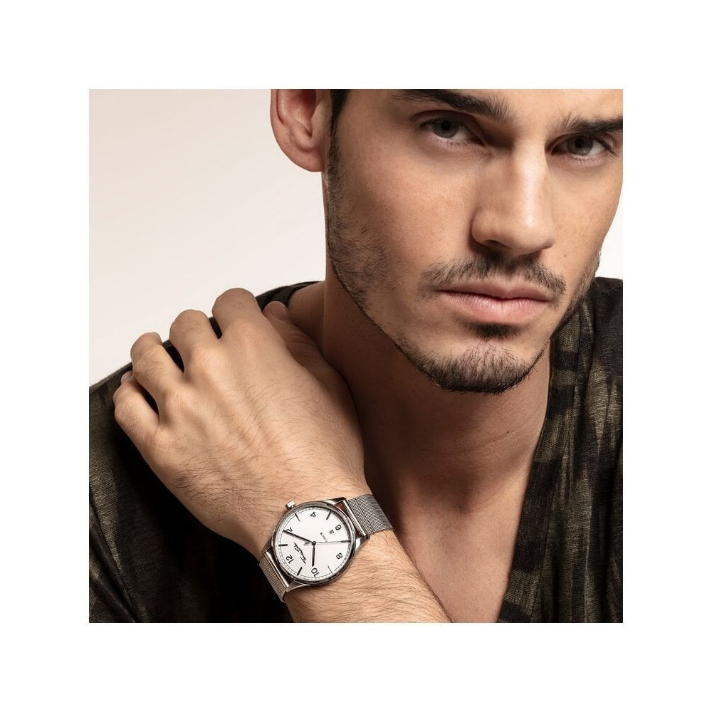 UNISEX "CODE TS" RECTRO SILVER WATCH, STAINLESS STEEL MESH BRACELET & CASE, WHITE DIAL, FLAT CASE & SLENDER BRACELET